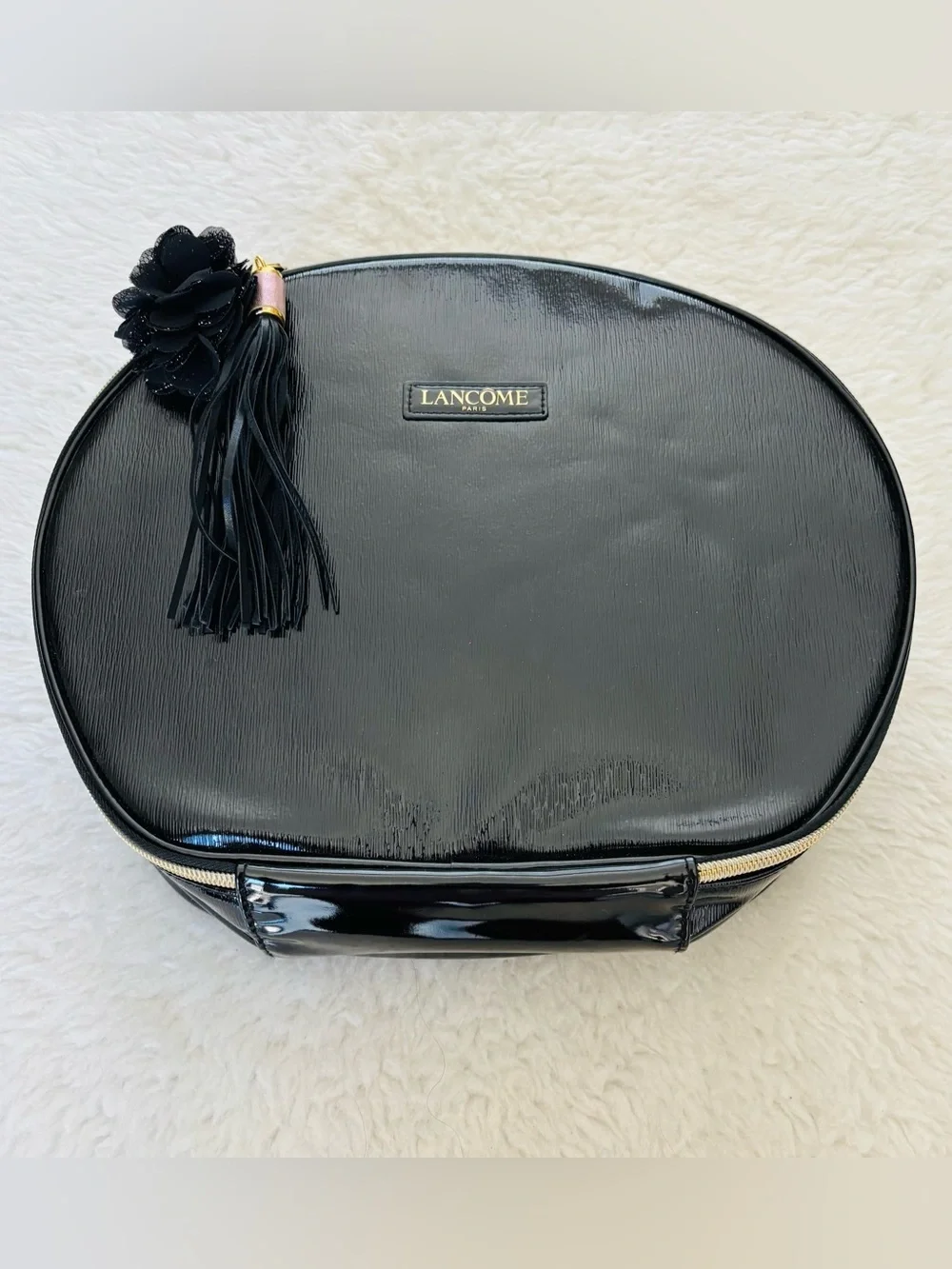 Lanncome Faux Black Patent Cosmetic Case with Tassel Travel Bag